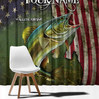 Personalized Walleye Fishing Window Curtain American Flag Background and Green Grunge Style Design - Wonder Print Shop