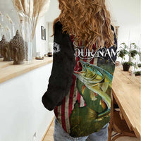 Personalized Walleye Fishing Women Casual Shirt American Flag Background and Green Grunge Style Design - Wonder Print Shop