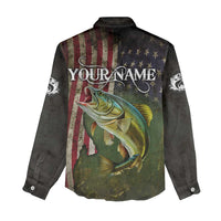 Personalized Walleye Fishing Women Casual Shirt American Flag Background and Green Grunge Style Design - Wonder Print Shop