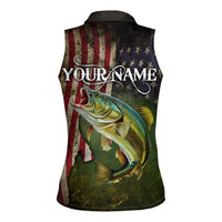 Personalized Walleye Fishing Women Sleeveless Polo Shirt American Flag Background and Green Grunge Style Design - Wonder Print Shop