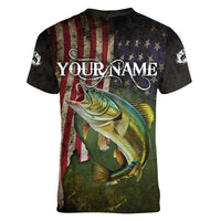 Personalized Walleye Fishing Women V-Neck T-Shirt American Flag Background and Green Grunge Style Design - Wonder Print Shop