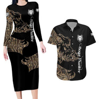 Personalized Boar Hunting Camouflage Couples Matching Long Sleeve Bodycon Dress and Hawaiian Shirt Wild Hog Silhouette and Black Tactical Camo - Wonder Print Shop
