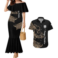 Personalized Boar Hunting Camouflage Couples Matching Mermaid Dress and Hawaiian Shirt Wild Hog Silhouette and Black Tactical Camo - Wonder Print Shop