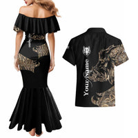 Personalized Boar Hunting Camouflage Couples Matching Mermaid Dress and Hawaiian Shirt Wild Hog Silhouette and Black Tactical Camo - Wonder Print Shop
