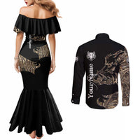 Personalized Boar Hunting Camouflage Couples Matching Mermaid Dress and Long Sleeve Button Shirt Wild Hog Silhouette and Black Tactical Camo - Wonder Print Shop