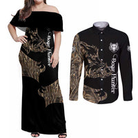 Personalized Boar Hunting Camouflage Couples Matching Off Shoulder Maxi Dress and Long Sleeve Button Shirt Wild Hog Silhouette and Black Tactical Camo - Wonder Print Shop