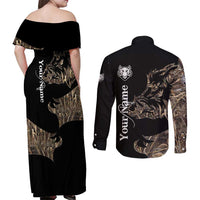 Personalized Boar Hunting Camouflage Couples Matching Off Shoulder Maxi Dress and Long Sleeve Button Shirt Wild Hog Silhouette and Black Tactical Camo - Wonder Print Shop