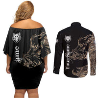 Personalized Boar Hunting Camouflage Couples Matching Off Shoulder Short Dress and Long Sleeve Button Shirt Wild Hog Silhouette and Black Tactical Camo - Wonder Print Shop