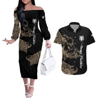 Personalized Boar Hunting Camouflage Couples Matching Off The Shoulder Long Sleeve Dress and Hawaiian Shirt Wild Hog Silhouette and Black Tactical Camo - Wonder Print Shop