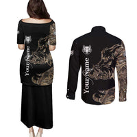 Personalized Boar Hunting Camouflage Couples Matching Puletasi and Long Sleeve Button Shirt Wild Hog Silhouette and Black Tactical Camo - Wonder Print Shop