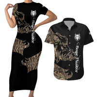 Personalized Boar Hunting Camouflage Couples Matching Short Sleeve Bodycon Dress and Hawaiian Shirt Wild Hog Silhouette and Black Tactical Camo - Wonder Print Shop