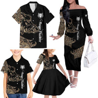 Personalized Boar Hunting Camouflage Family Matching Off The Shoulder Long Sleeve Dress and Hawaiian Shirt Wild Hog Silhouette and Black Tactical Camo - Wonder Print Shop