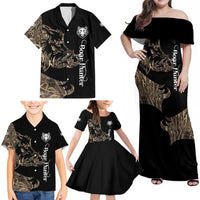 Personalized Boar Hunting Camouflage Family Matching Off Shoulder Maxi Dress and Hawaiian Shirt Wild Hog Silhouette and Black Tactical Camo - Wonder Print Shop