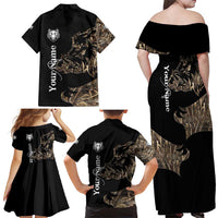 Personalized Boar Hunting Camouflage Family Matching Off Shoulder Maxi Dress and Hawaiian Shirt Wild Hog Silhouette and Black Tactical Camo - Wonder Print Shop