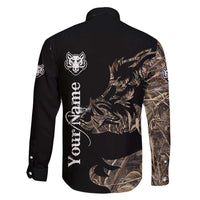 Personalized Boar Hunting Camouflage Family Matching Short Sleeve Bodycon Dress and Hawaiian Shirt Wild Hog Silhouette and Black Tactical Camo - Wonder Print Shop