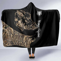 Personalized Boar Hunting Camouflage Hooded Blanket Wild Hog Silhouette and Black Tactical Camo - Wonder Print Shop