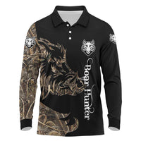 Personalized Boar Hunting Camouflage Long Sleeve Polo Shirt Wild Hog Silhouette and Black Tactical Camo - Wonder Print Shop