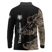 Personalized Boar Hunting Camouflage Long Sleeve Polo Shirt Wild Hog Silhouette and Black Tactical Camo - Wonder Print Shop