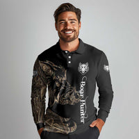 Personalized Boar Hunting Camouflage Long Sleeve Polo Shirt Wild Hog Silhouette and Black Tactical Camo - Wonder Print Shop