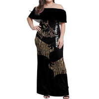 Personalized Boar Hunting Camouflage Off Shoulder Maxi Dress Wild Hog Silhouette and Black Tactical Camo - Wonder Print Shop