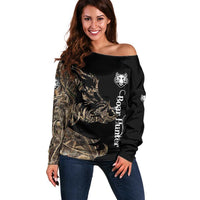 Personalized Boar Hunting Camouflage Off Shoulder Sweater Wild Hog Silhouette and Black Tactical Camo - Wonder Print Shop