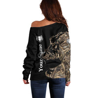 Personalized Boar Hunting Camouflage Off Shoulder Sweater Wild Hog Silhouette and Black Tactical Camo - Wonder Print Shop
