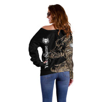 Personalized Boar Hunting Camouflage Off Shoulder Sweater Wild Hog Silhouette and Black Tactical Camo - Wonder Print Shop