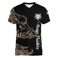 Personalized Boar Hunting Camouflage Women V-Neck T-Shirt Wild Hog Silhouette and Black Tactical Camo - Wonder Print Shop