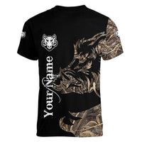 Personalized Boar Hunting Camouflage Women V-Neck T-Shirt Wild Hog Silhouette and Black Tactical Camo - Wonder Print Shop