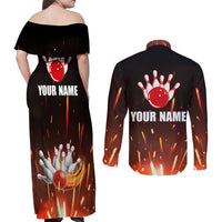 Personalized Bowling Ball and Pins Couples Matching Off Shoulder Maxi Dress and Long Sleeve Button Shirt Fiery Motion Trail and Spark Effect Design - Wonder Print Shop