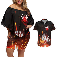 Personalized Bowling Ball and Pins Couples Matching Off Shoulder Short Dress and Hawaiian Shirt Fiery Motion Trail and Spark Effect Design - Wonder Print Shop