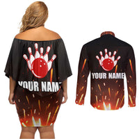Personalized Bowling Ball and Pins Couples Matching Off Shoulder Short Dress and Long Sleeve Button Shirt Fiery Motion Trail and Spark Effect Design - Wonder Print Shop