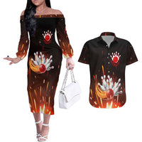 Personalized Bowling Ball and Pins Couples Matching Off The Shoulder Long Sleeve Dress and Hawaiian Shirt Fiery Motion Trail and Spark Effect Design - Wonder Print Shop