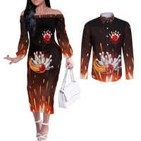 Personalized Bowling Ball and Pins Couples Matching Off The Shoulder Long Sleeve Dress and Long Sleeve Button Shirt Fiery Motion Trail and Spark Effect Design - Wonder Print Shop