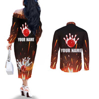 Personalized Bowling Ball and Pins Couples Matching Off The Shoulder Long Sleeve Dress and Long Sleeve Button Shirt Fiery Motion Trail and Spark Effect Design - Wonder Print Shop