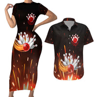 Personalized Bowling Ball and Pins Couples Matching Short Sleeve Bodycon Dress and Hawaiian Shirt Fiery Motion Trail and Spark Effect Design - Wonder Print Shop