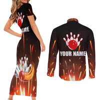 Personalized Bowling Ball and Pins Couples Matching Short Sleeve Bodycon Dress and Long Sleeve Button Shirt Fiery Motion Trail and Spark Effect Design - Wonder Print Shop