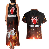 Personalized Bowling Ball and Pins Couples Matching Tank Maxi Dress and Hawaiian Shirt Fiery Motion Trail and Spark Effect Design - Wonder Print Shop