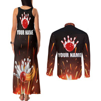 Personalized Bowling Ball and Pins Couples Matching Tank Maxi Dress and Long Sleeve Button Shirt Fiery Motion Trail and Spark Effect Design - Wonder Print Shop