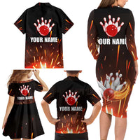Personalized Bowling Ball and Pins Family Matching Long Sleeve Bodycon Dress and Hawaiian Shirt Fiery Motion Trail and Spark Effect Design - Wonder Print Shop