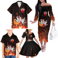 Personalized Bowling Ball and Pins Family Matching Off The Shoulder Long Sleeve Dress and Hawaiian Shirt Fiery Motion Trail and Spark Effect Design - Wonder Print Shop
