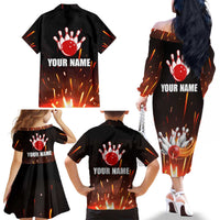 Personalized Bowling Ball and Pins Family Matching Off The Shoulder Long Sleeve Dress and Hawaiian Shirt Fiery Motion Trail and Spark Effect Design - Wonder Print Shop