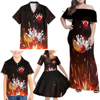 Personalized Bowling Ball and Pins Family Matching Off Shoulder Maxi Dress and Hawaiian Shirt Fiery Motion Trail and Spark Effect Design - Wonder Print Shop