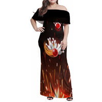 Personalized Bowling Ball and Pins Family Matching Off Shoulder Maxi Dress and Hawaiian Shirt Fiery Motion Trail and Spark Effect Design - Wonder Print Shop