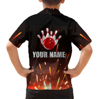 Personalized Bowling Ball and Pins Family Matching Off Shoulder Short Dress and Hawaiian Shirt Fiery Motion Trail and Spark Effect Design - Wonder Print Shop