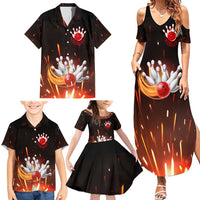 Personalized Bowling Ball and Pins Family Matching Summer Maxi Dress and Hawaiian Shirt Fiery Motion Trail and Spark Effect Design - Wonder Print Shop