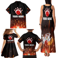 Personalized Bowling Ball and Pins Family Matching Tank Maxi Dress and Hawaiian Shirt Fiery Motion Trail and Spark Effect Design - Wonder Print Shop