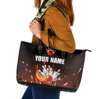 Personalized Bowling Ball and Pins Leather Tote Bag Fiery Motion Trail and Spark Effect Design - Wonder Print Shop