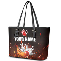 Personalized Bowling Ball and Pins Leather Tote Bag Fiery Motion Trail and Spark Effect Design - Wonder Print Shop