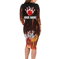 Personalized Bowling Ball and Pins Long Sleeve Bodycon Dress Fiery Motion Trail and Spark Effect Design - Wonder Print Shop
